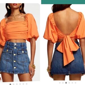 Ramy Brook Parker Crop Top Orange Puff Sleeves Summer
